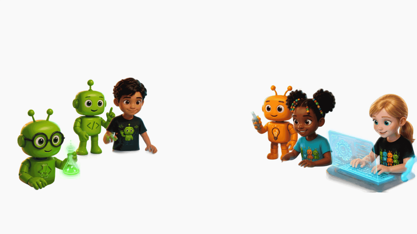 Kids and the Robo Kids Squad mascots building and coding in the Technology Lab