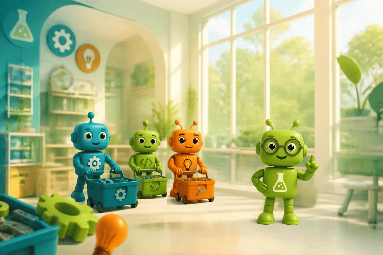 Codi, Chip, Turbo and Nova wheeling carts of robotics equipment into a bright classroom