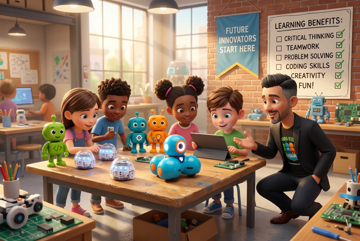 A Robo Kids Squad instructor helping students code robots in a maker classroom