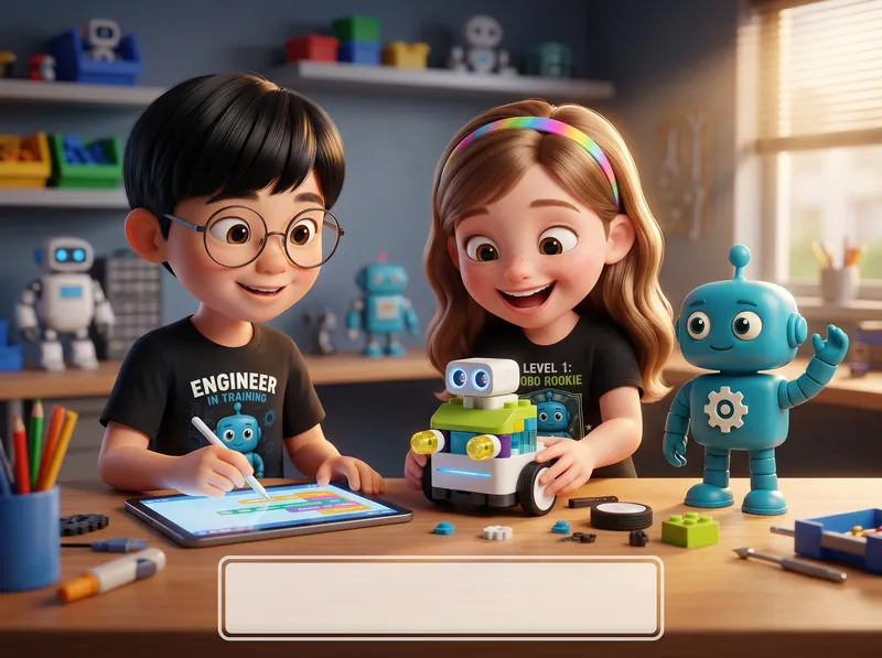 Kids coding a small robot on a tablet with Chip