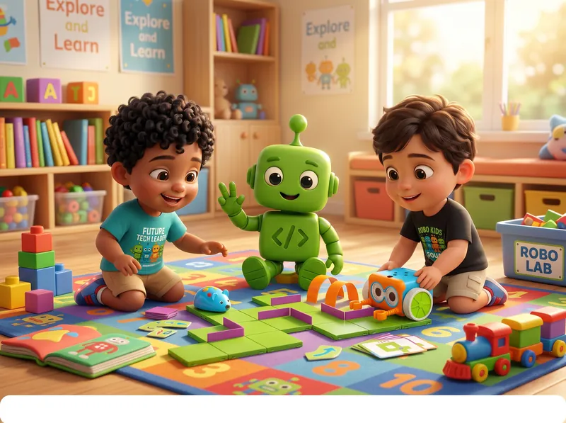 Toddlers playing with simple robots and Codi in a colorful classroom