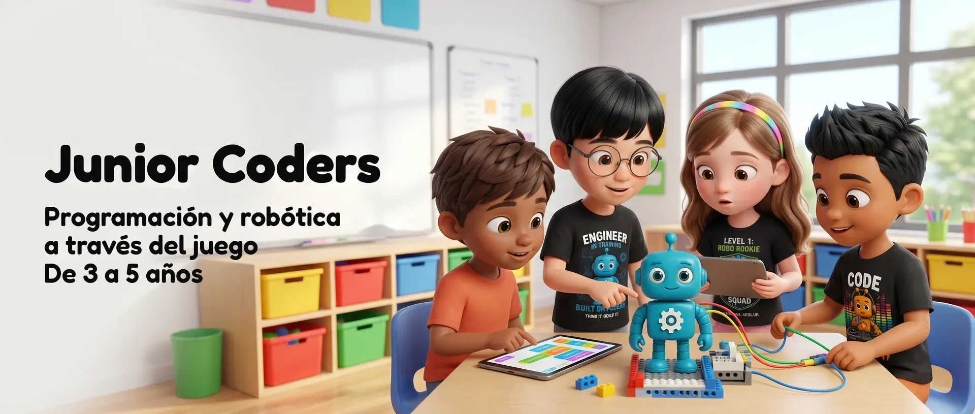 Junior Coders: cuatro niños programando un pequeño robot con una tableta