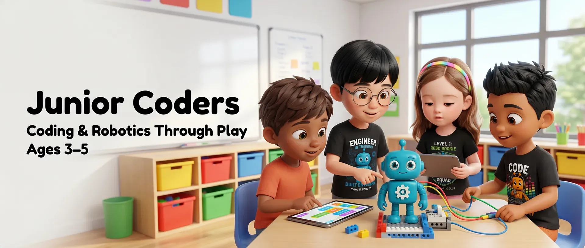 Junior Coders: four kids coding a small robot with a tablet