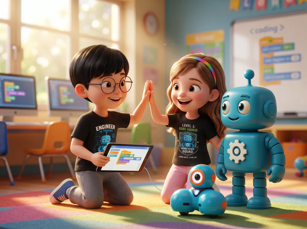 Two students high-five next to Chip after coding a robot on a tablet