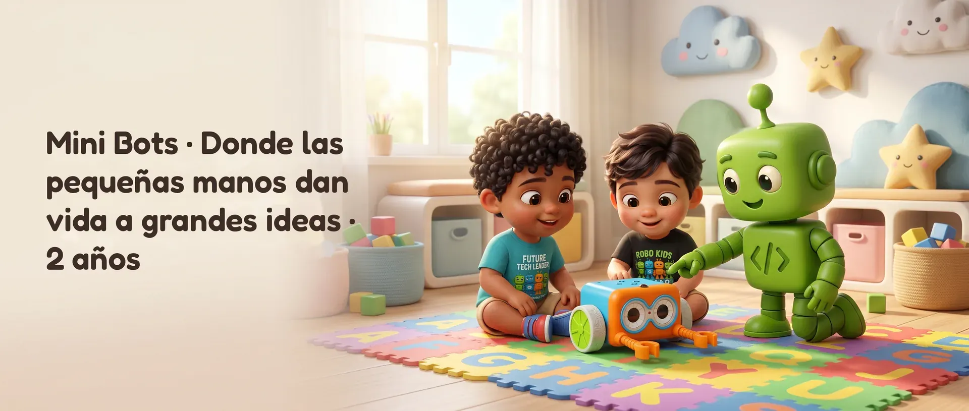 Mini Bots: niños pequeños jugando con un robot y Codi sobre un tapete de colores