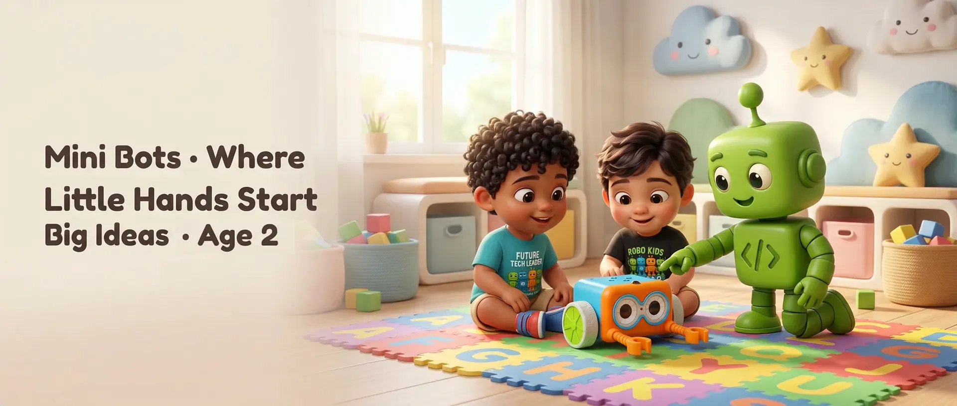 Mini Bots: toddlers playing with a small robot and Codi on a colorful play mat