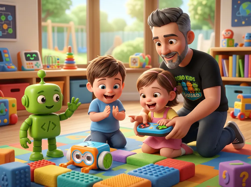 Instructor with two toddlers and Codi exploring a toy robot on foam blocks