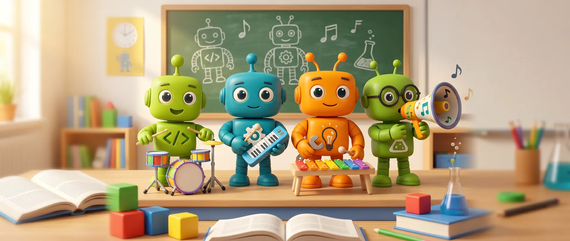 Codi, Chip, Turbo and Nova playing instruments in a bright classroom