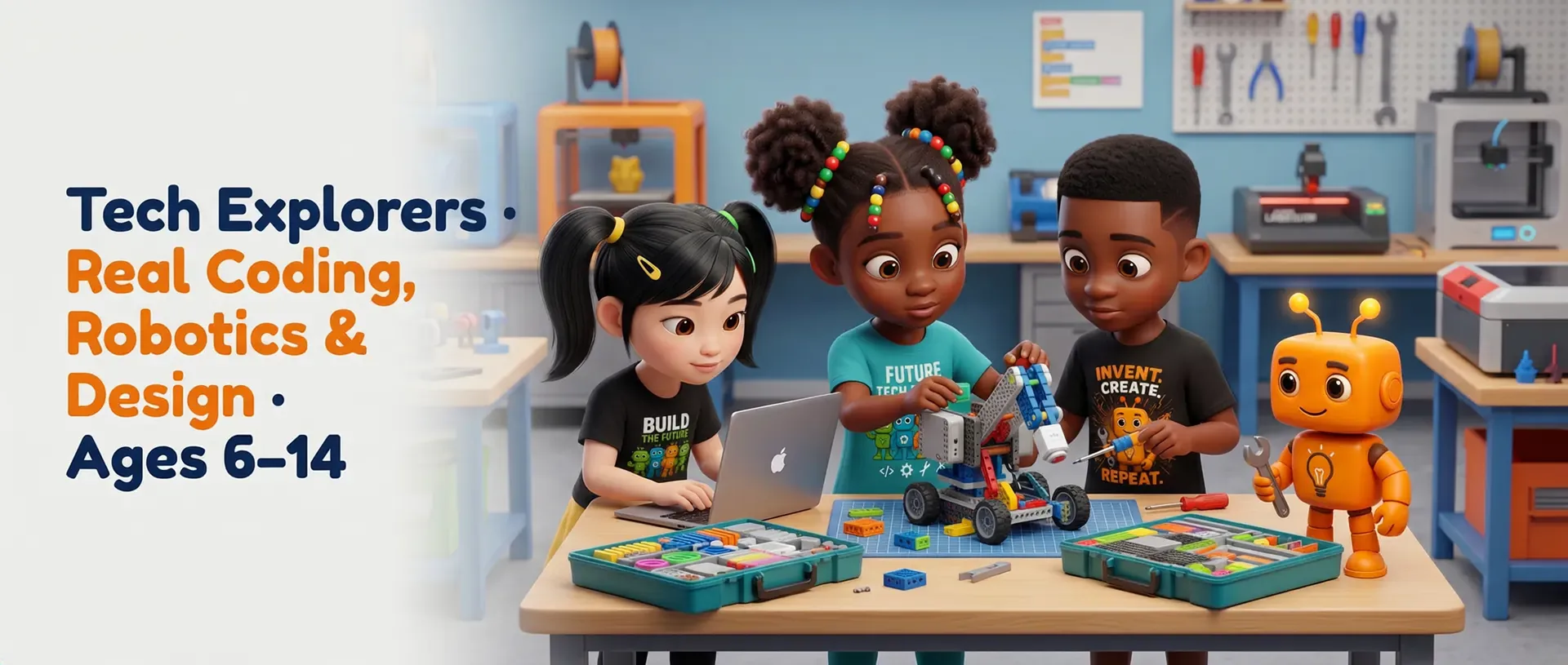 Tech Explorers: older students building robots in a maker lab with Turbo