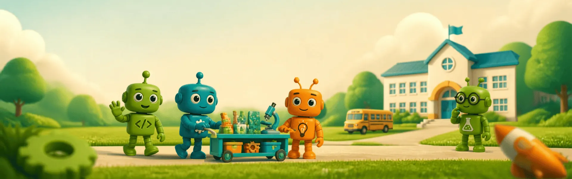 Codi, Chip, Turbo and Nova rolling a cart of robotics kits up to a school