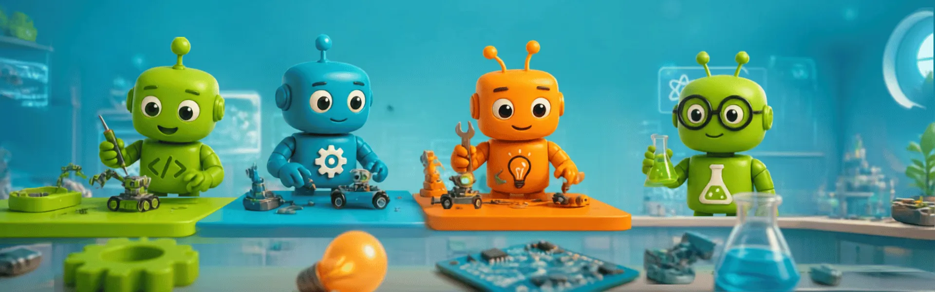Codi, Chip, Turbo and Nova building robots and running experiments in the Technology Lab