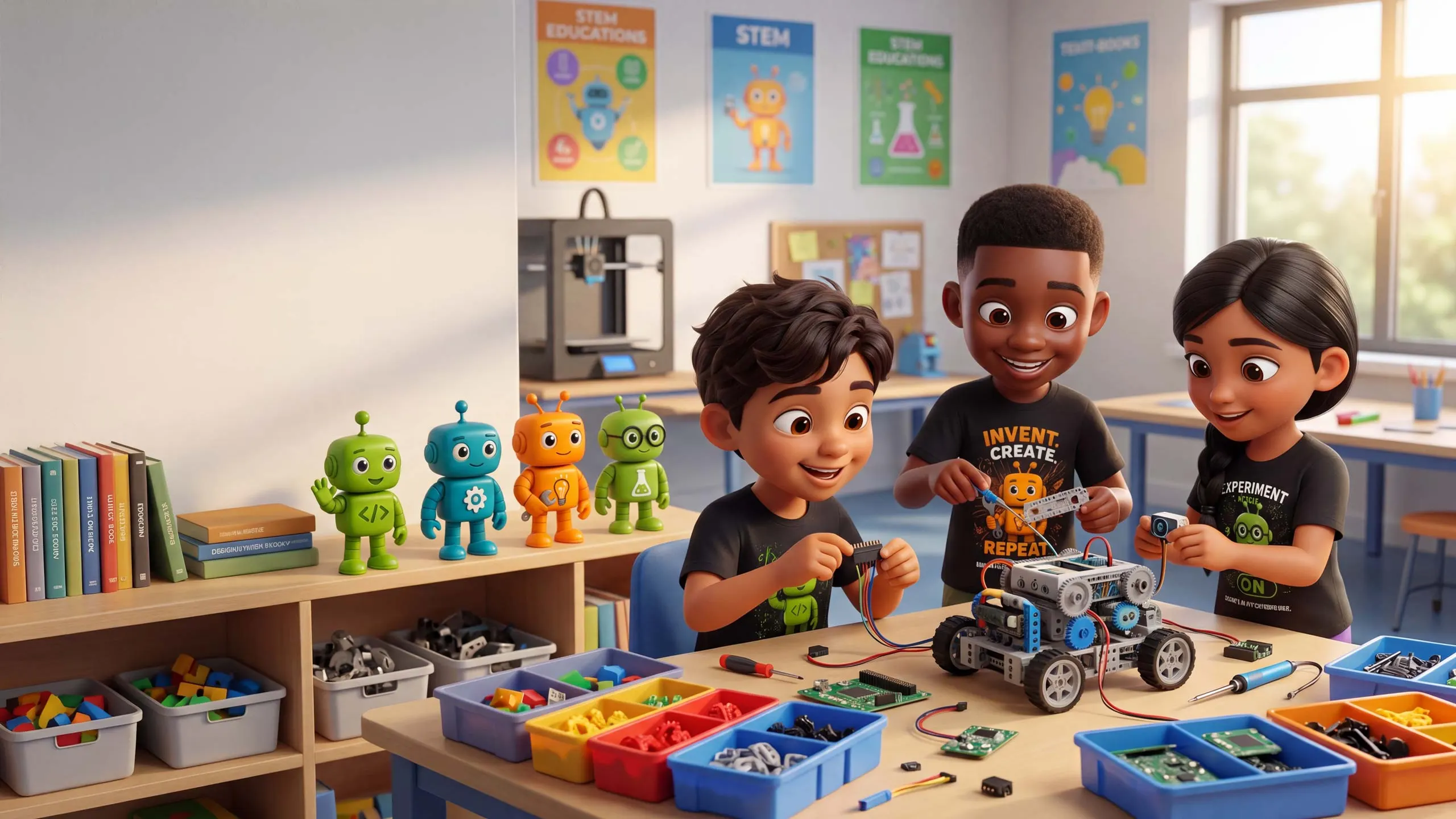 Kids building a robot car with the Robo Kids Squad mascots in a STEM classroom