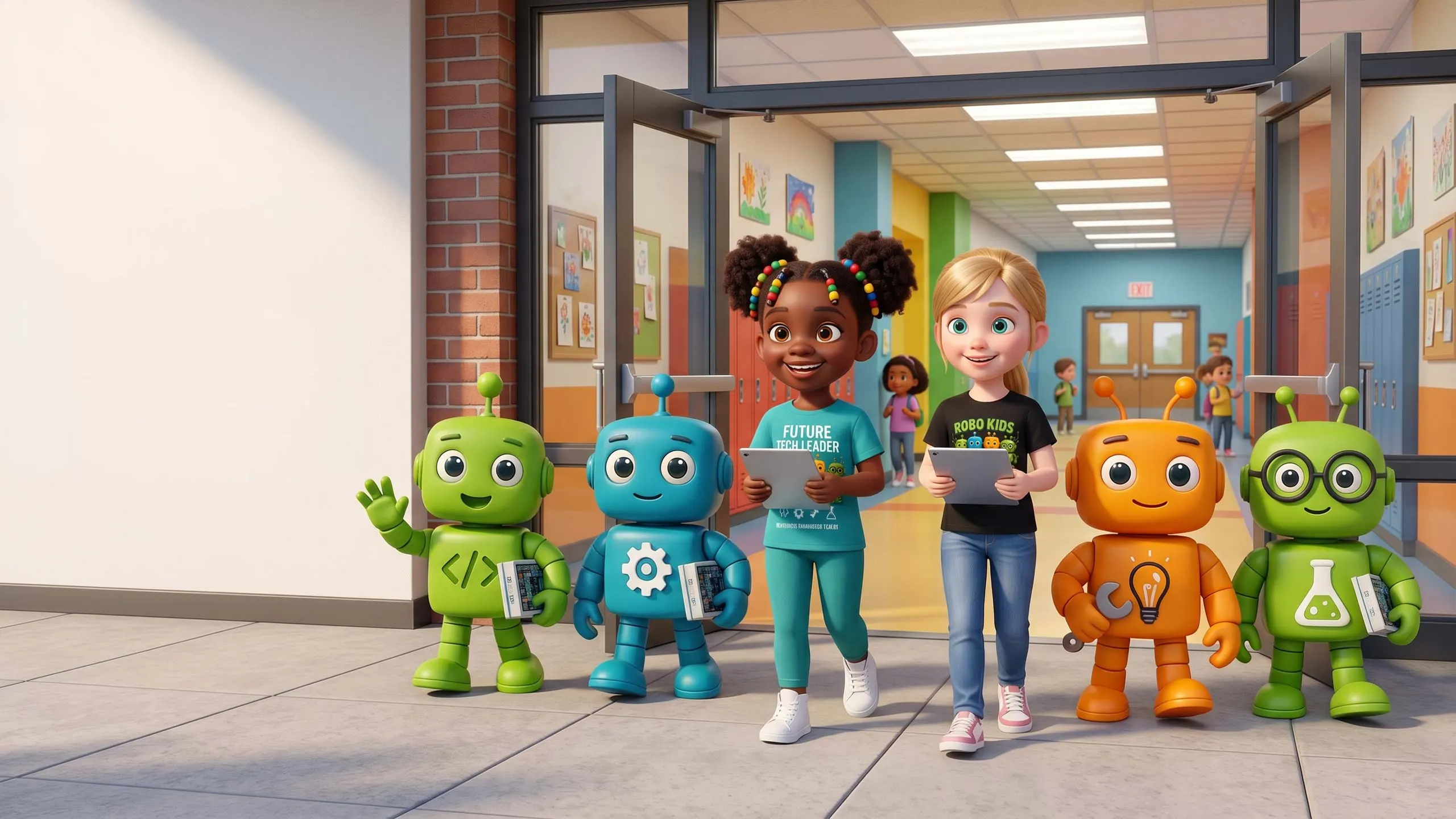 Robo Kids Squad mascots and students arriving in a school hallway