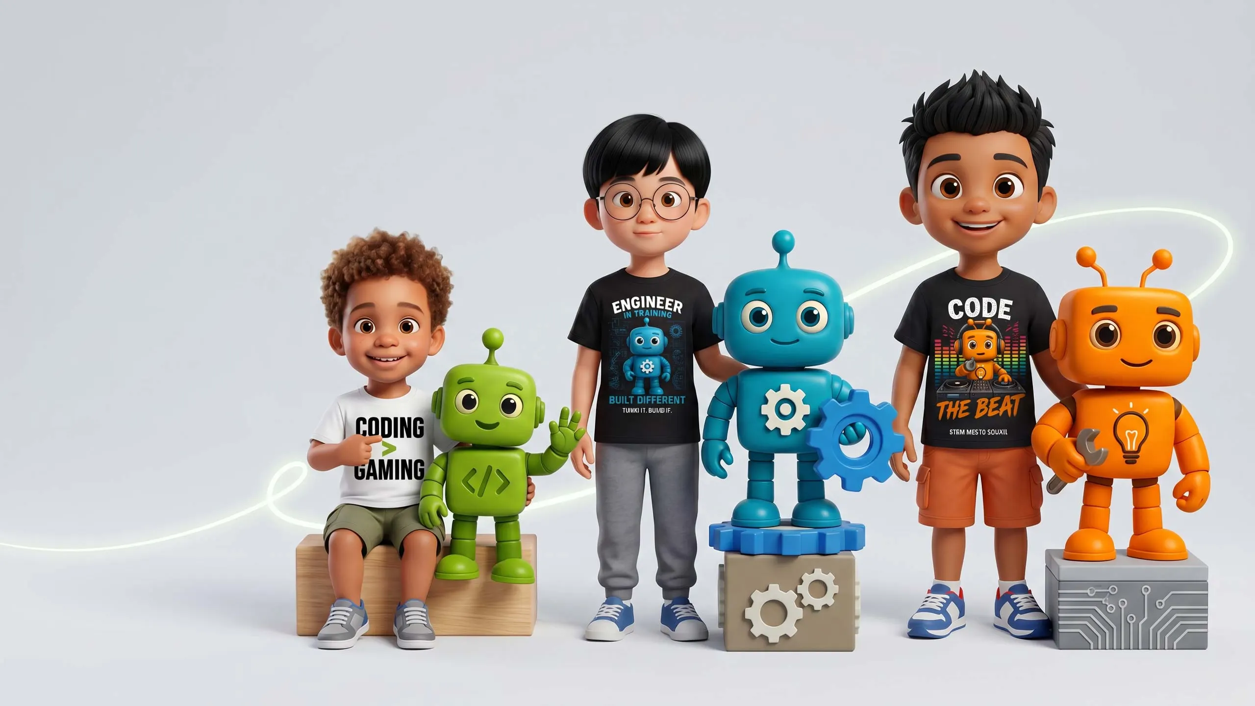 Kids ages 2 to 14 standing with the Robo Kids Squad robots