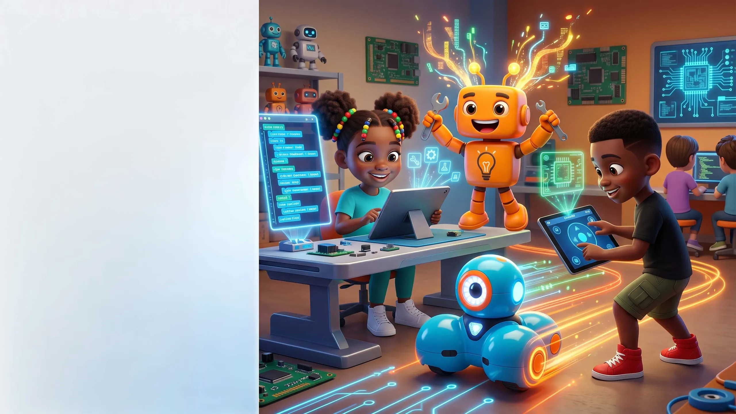 Kids coding and driving robots in a glowing technology lab