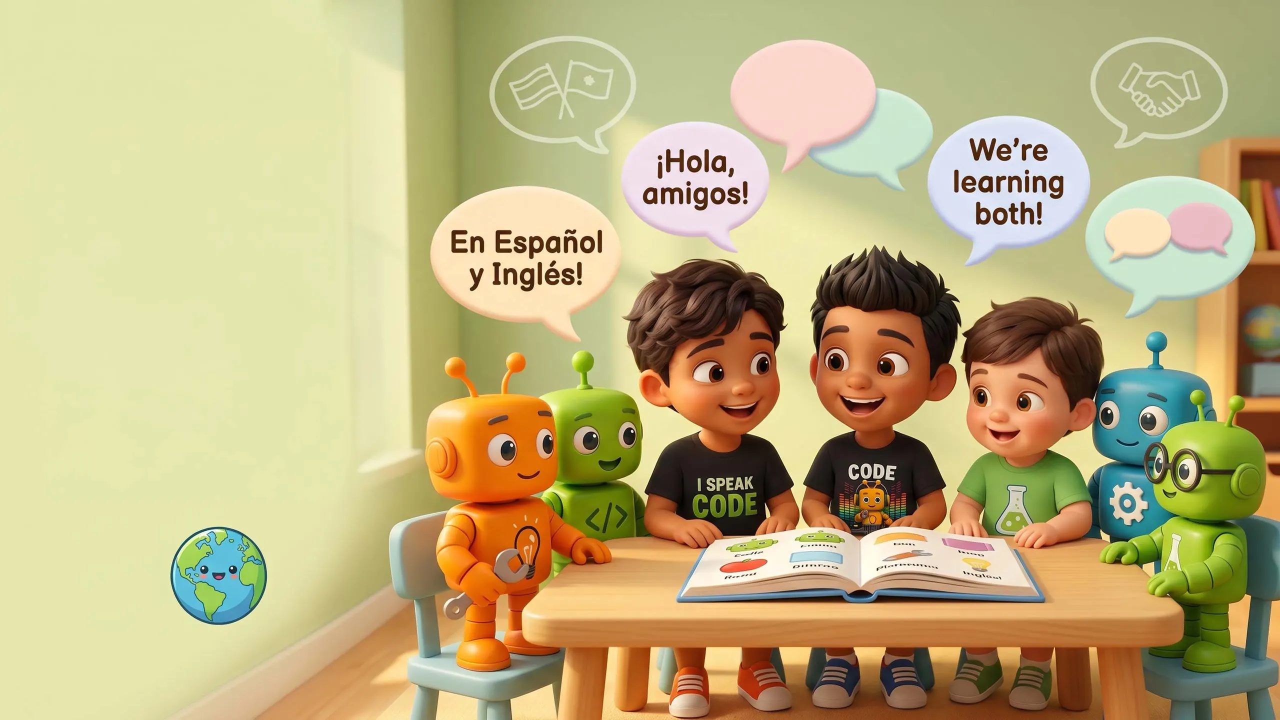 Bilingual kids reading together with the Robo Kids Squad mascots