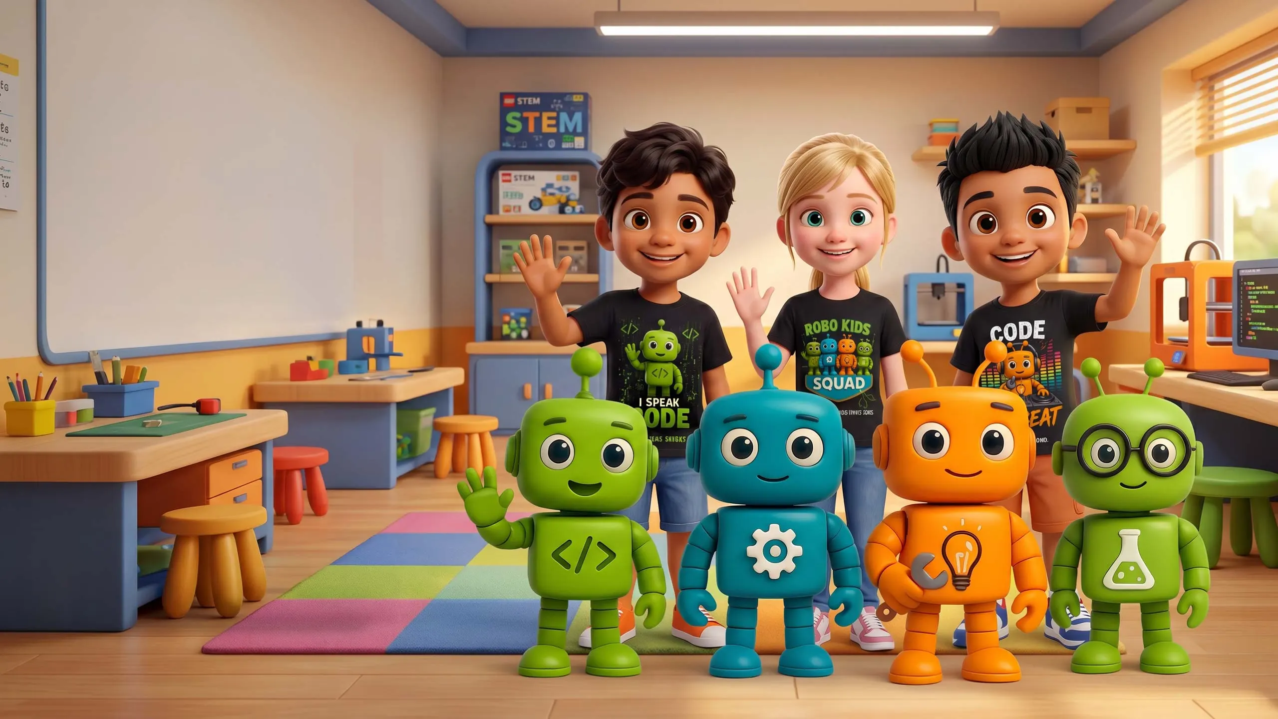 Students and mascots waving hello in a Robo Kids Squad classroom