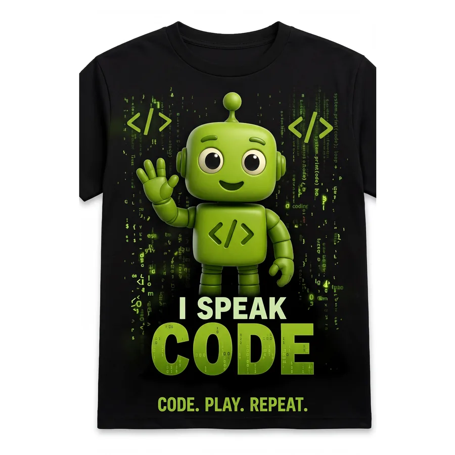 I Speak Code kids T-shirt in black, Robo Kids Squad design