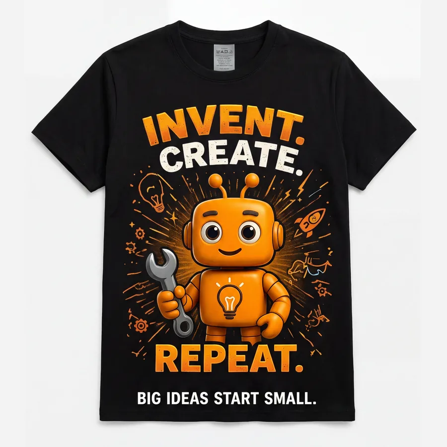 Invent. Create. Repeat. kids T-shirt in black, Robo Kids Squad design