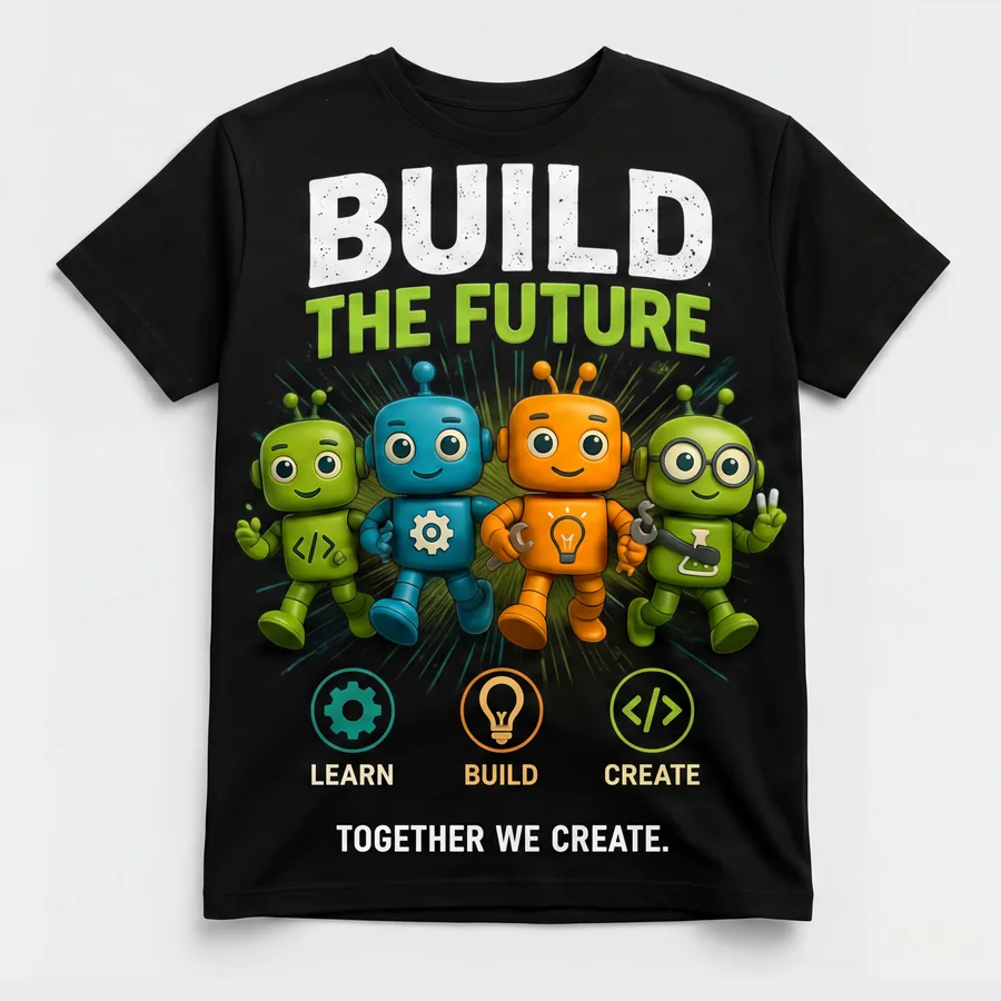 Build the Future kids T-shirt in black, Robo Kids Squad design