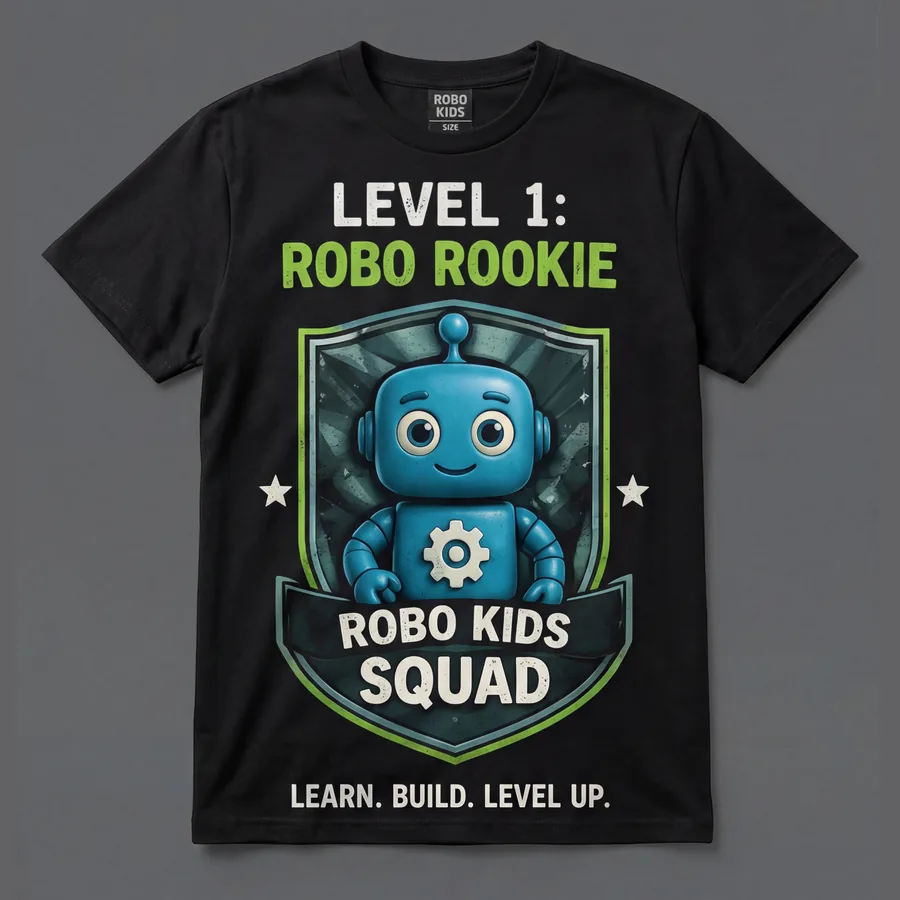 Robo Rookie: Level 1 kids T-shirt in black, Robo Kids Squad design