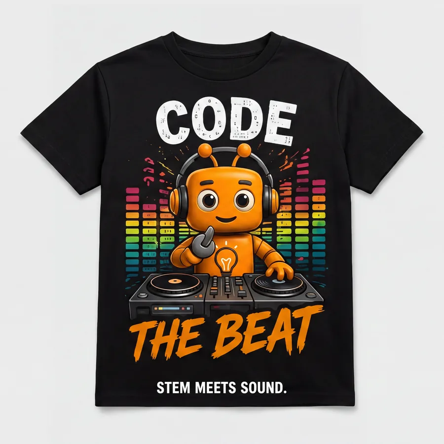 Code the Beat kids T-shirt in black, Robo Kids Squad design
