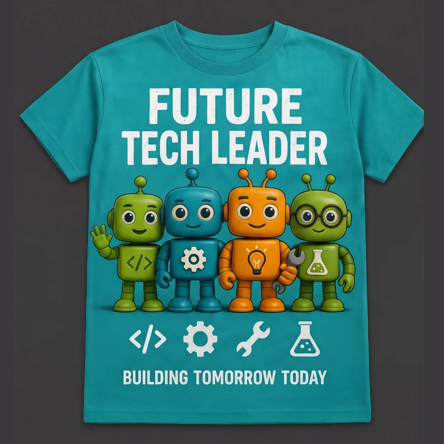 Future Tech Leader kids T-shirt in teal, Robo Kids Squad design